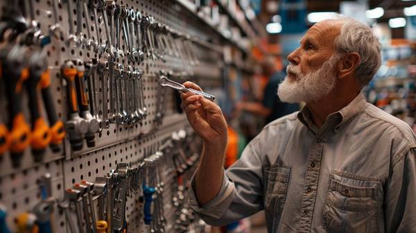 Man in his 60s with white beard examining a wrench in a hardware store tool aisle — knowing what to look for separates quality American-made tools from cheap imports at any price point