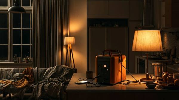 Glowing portable power station on kitchen counter charging phones and running a lamp during a power outage — the compact battery that kept a Kentucky couple safe for 14 days
