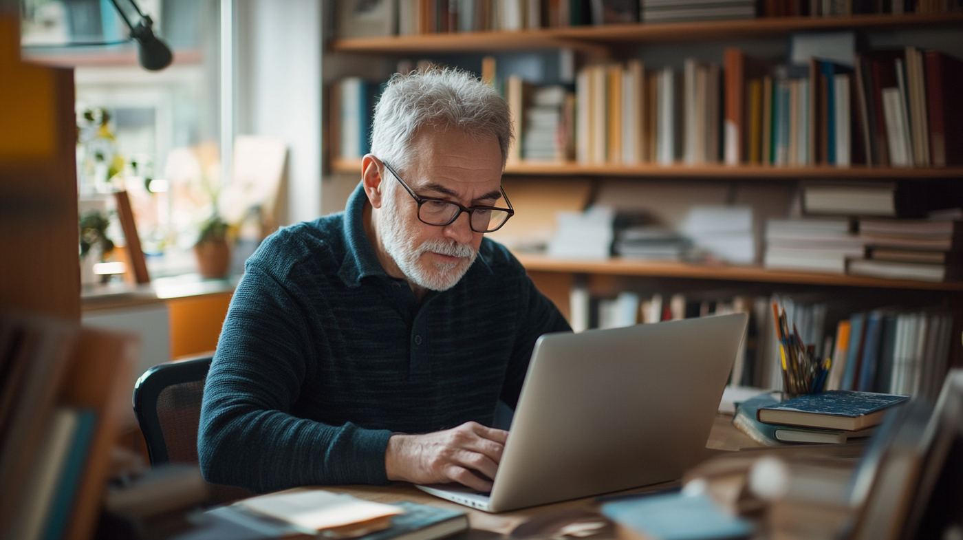Active senior man working confidently at laptop in bright home office surrounded by books