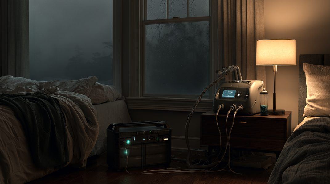 CPAP machine on a nightstand connected to a portable battery power station with green indicator lights, storm visible through dark window