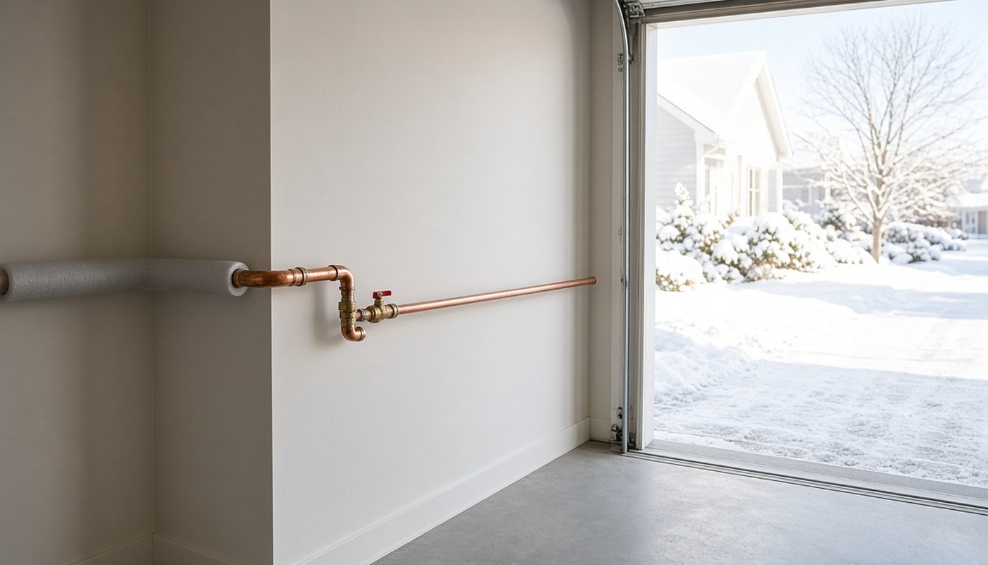 Inside a garage with the door standing open onto a snow-covered driveway on a bright winter day. A copper water line runs along the pale wall at chest height with a shutoff valve and elbow on it, and the far end of the run disappears into grey foam pipe insulation in the shadowed corner