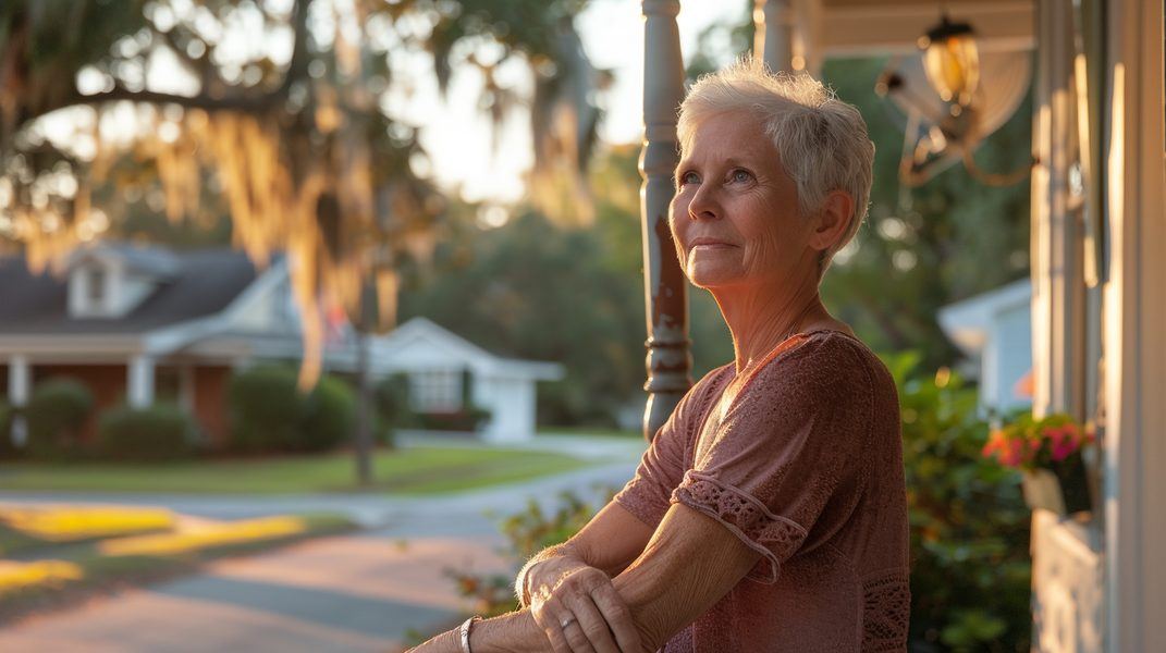 Confident woman on her Florida porch in a prepared established neighborhood at golden hour
