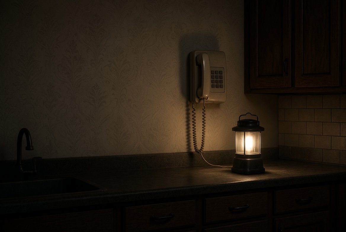 An old beige wall-mounted corded telephone on a kitchen wall at night, lit only by a battery lantern on the counter beneath it