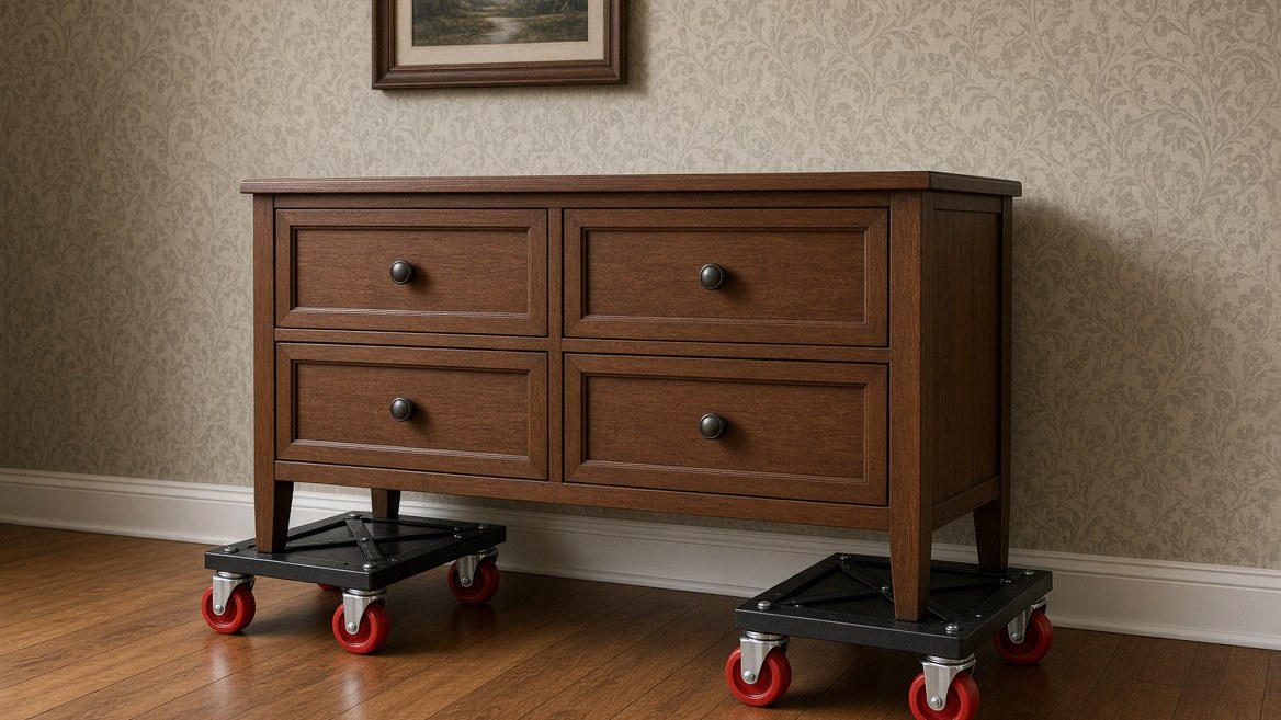 A low, wide wooden chest of drawers standing on two four-wheel furniture dollies, one under each pair of legs, on a hardwood floor beside a wall