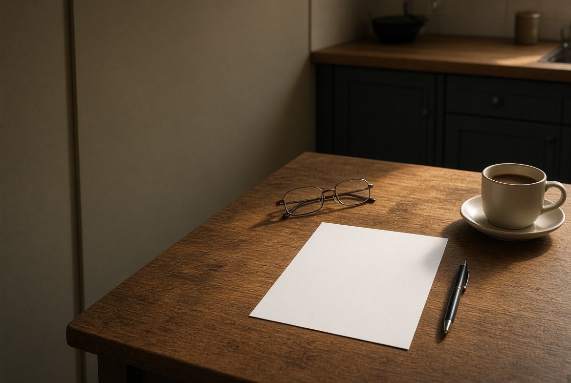 A single blank sheet of paper on a kitchen table in late-afternoon light, a pen beside it, reading glasses and a cup of coffee nearby