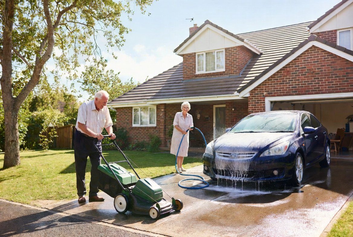An older couple on a summer afternoon, the man mowing his own front lawn while the woman rinses the family car in the driveway