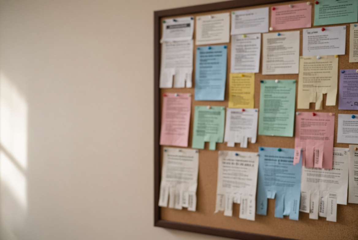 A community bulletin board covered in overlapping paper flyers with hand-cut tear-off tabs along the bottom, morning light on the blank wall beside it