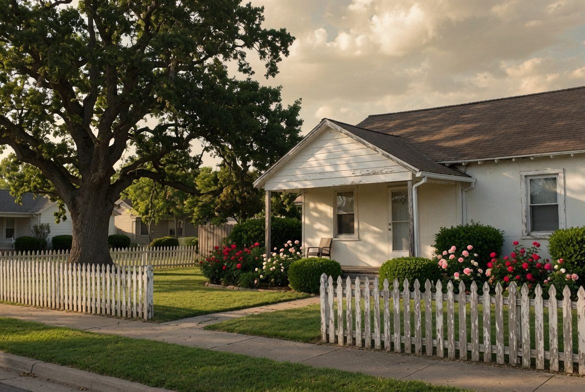 A small white clapboard house behind a weathered picket fence in late afternoon light
