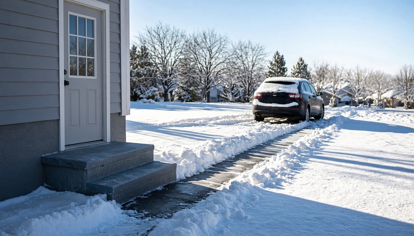 A cleared path shovelled down to the pavement running from a house back door and concrete steps across a snow-covered yard to a car parked in the driveway, low winter sun throwing long shadows across deep snow on either side