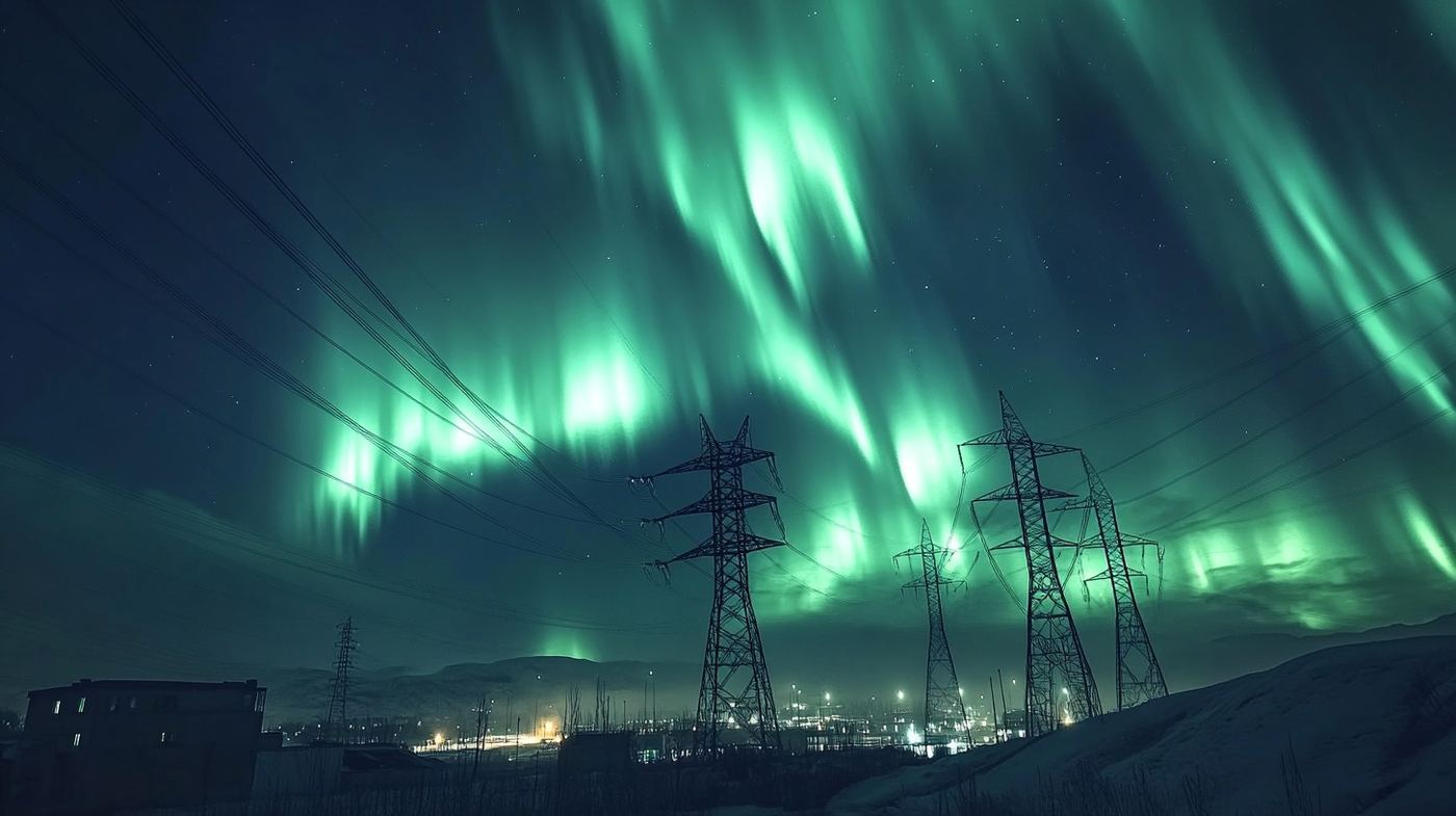Massive aurora borealis filling the sky over a dark blacked-out city skyline after a solar storm