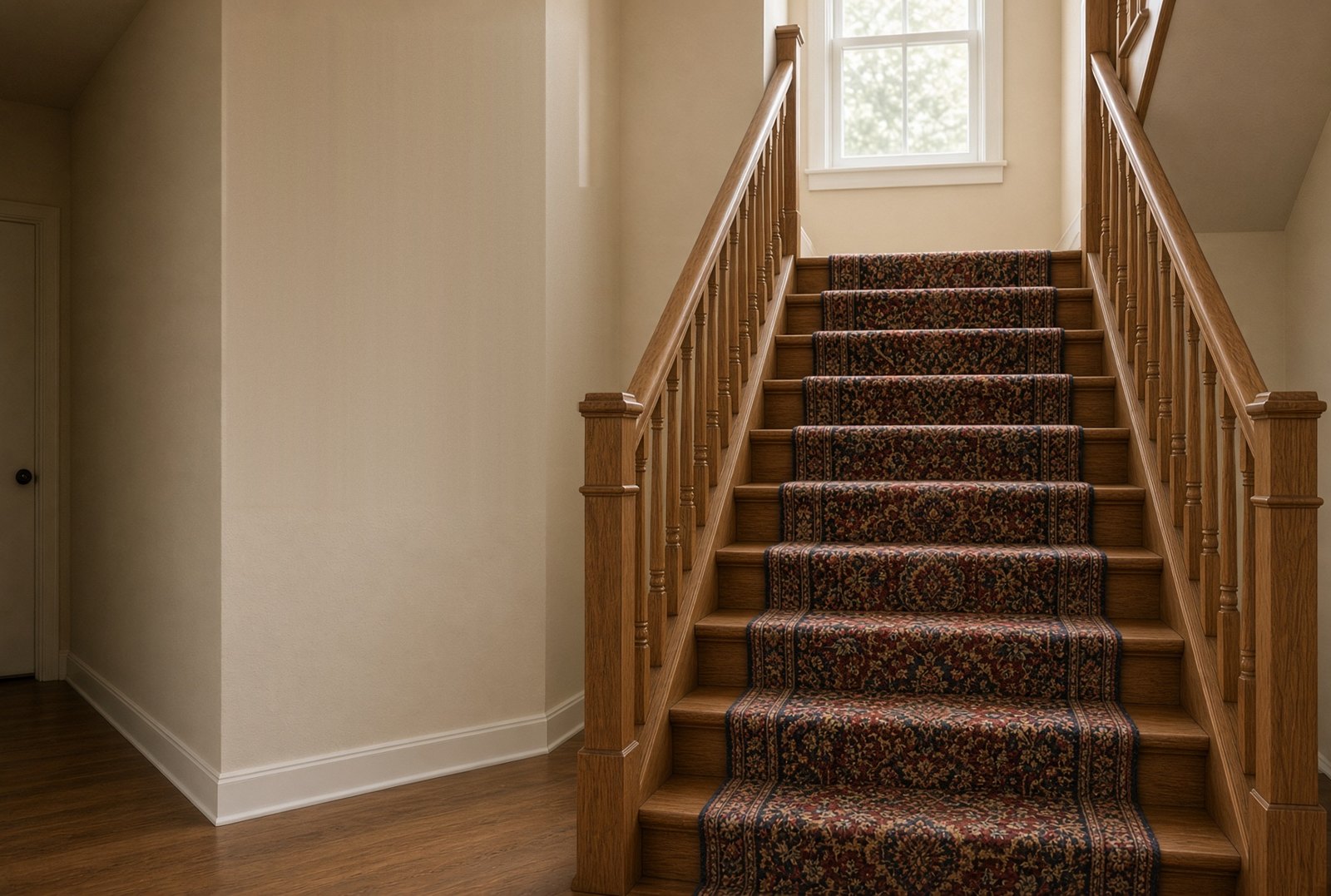 A straight carpeted staircase in an ordinary American house with a wooden handrail on both sides and daylight coming through a window at the top