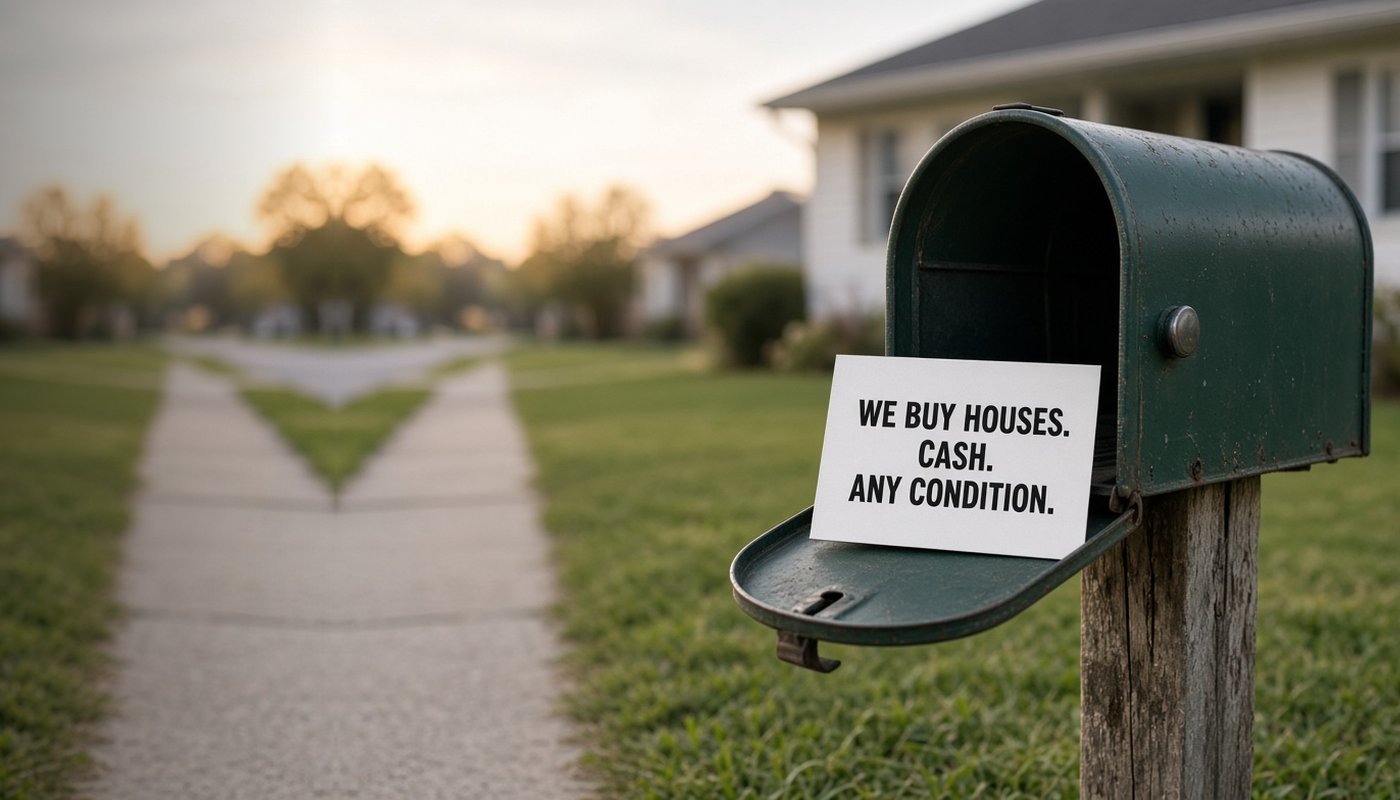 A weathered green mailbox on a wooden post at the edge of a front lawn at dusk, its door hanging open with a white card propped in it reading We Buy Houses. Cash. Any Condition.