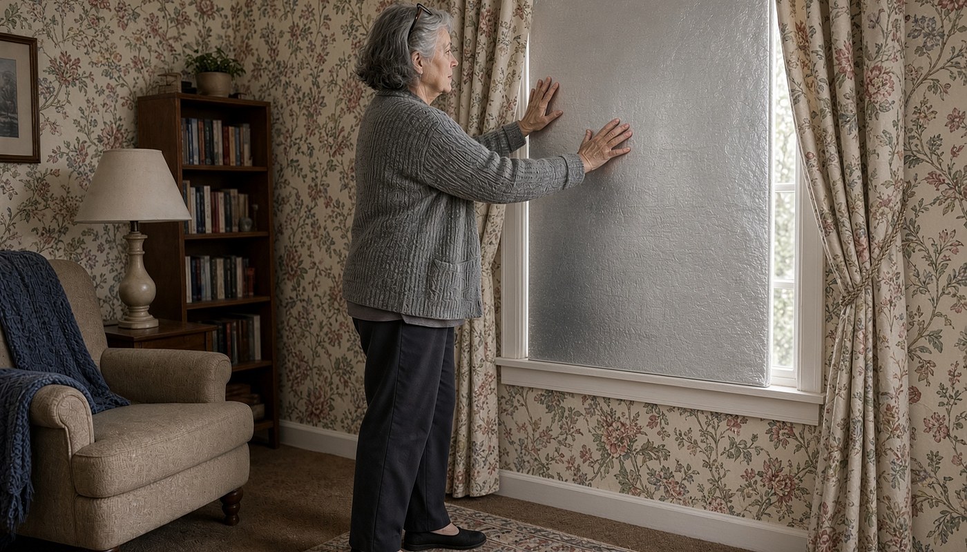 An older woman in a cardigan standing at a window in a lived-in room, both hands flat against a silver foil-faced foam insulation panel, pressing it into the window opening