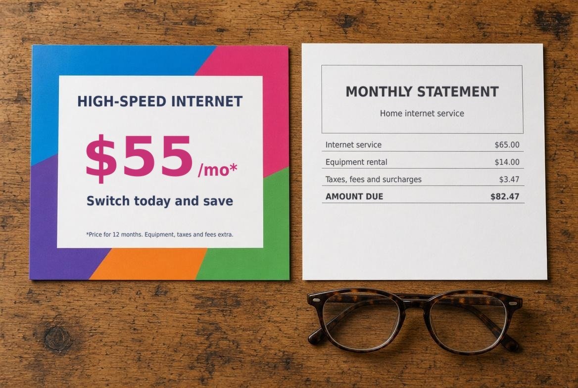 A bright advertising postcard offering high-speed internet at $55 a month for 12 months beside a monthly statement for home internet showing internet service $65.00, equipment rental $14.00, taxes and fees $3.47 and an amount due of $82.47