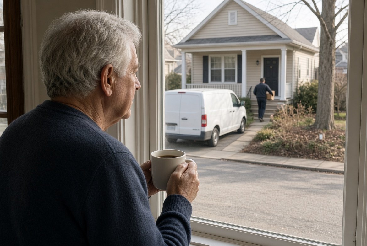 An older man with a mug of coffee at his front window watching an unmarked white van parked next door and a technician carrying a box up the neighbor's steps