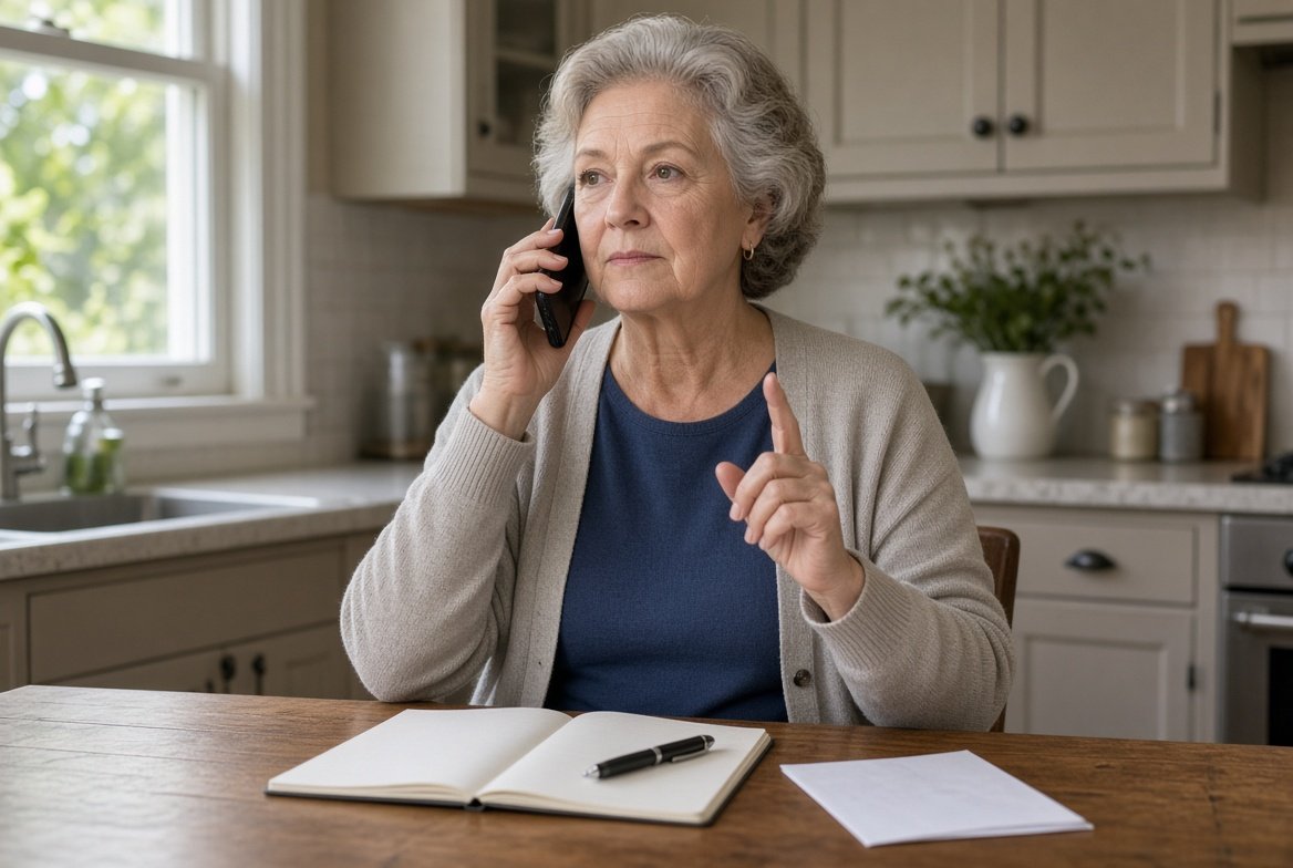 An older woman at her kitchen table on the phone, calm and firm with one finger raised, an open notebook and pen and a folded bill in front of her