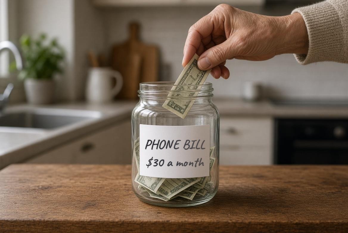 An older person's hand dropping a folded bill into a glass jar labelled in marker Phone bill, $30 a month, on a kitchen counter