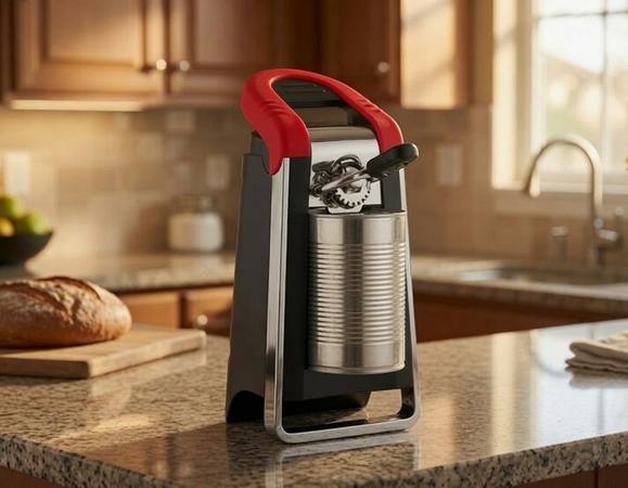 Electric can opener on kitchen counter — essential senior preparedness tool