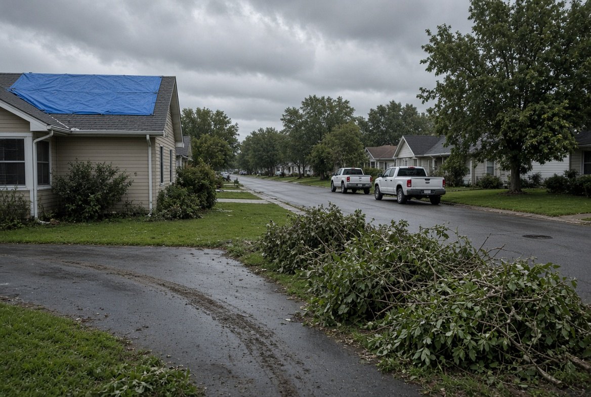 An American residential street in the days after a storm under grey cloud: a blue tarp across one roof, cut branches piled at the kerb, wet asphalt with tyre marks, and two unmarked white pickup trucks parked further down the road