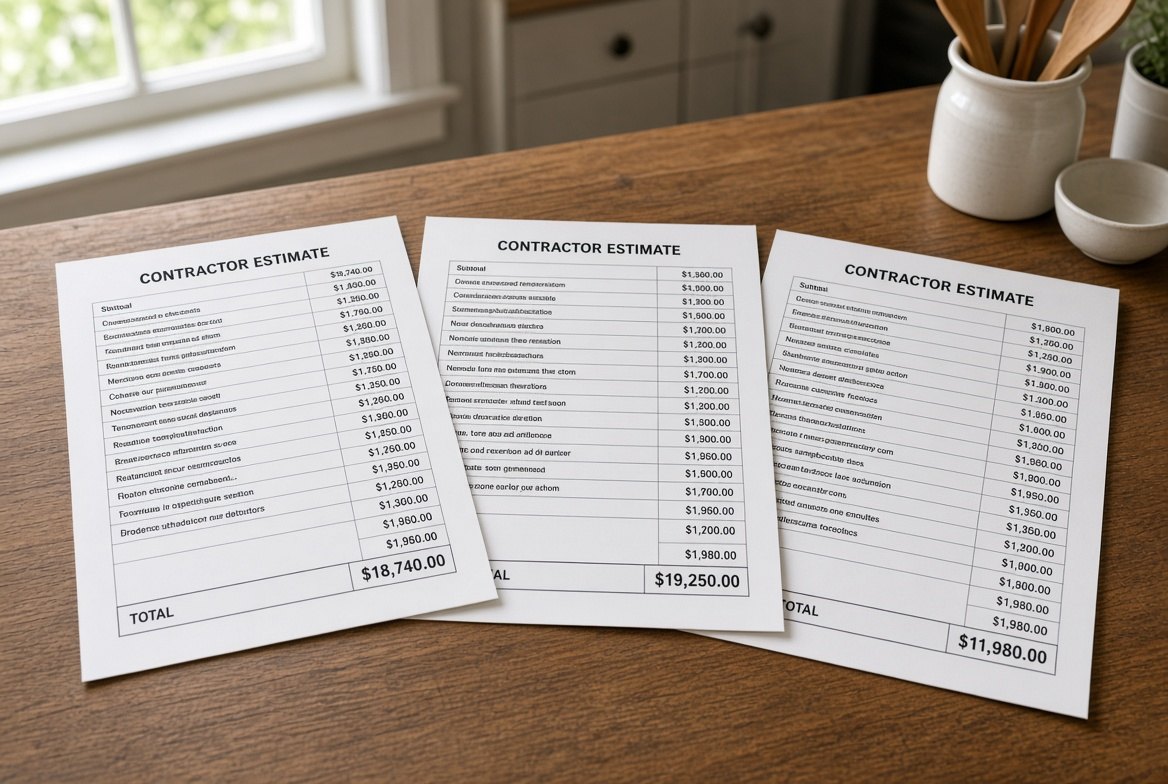 Three American contractor estimate sheets fanned across a wooden kitchen table in daylight, each with a total in the lower right; two totals are close to one another and the third is thousands lower