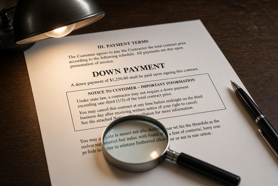 An American home improvement contract under a desk lamp, the payment terms section showing a down payment figure above a boxed Notice to Customer stating that state law limits the down payment and that the contract may be cancelled before midnight of the third business day
