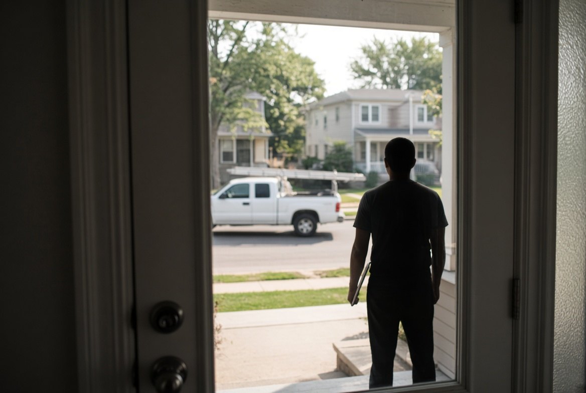 A view from inside an American house through the open front door at a man standing on the porch in silhouette against bright afternoon light, holding a clipboard at his side, a white pickup with a ladder on the rack parked at the kerb behind him