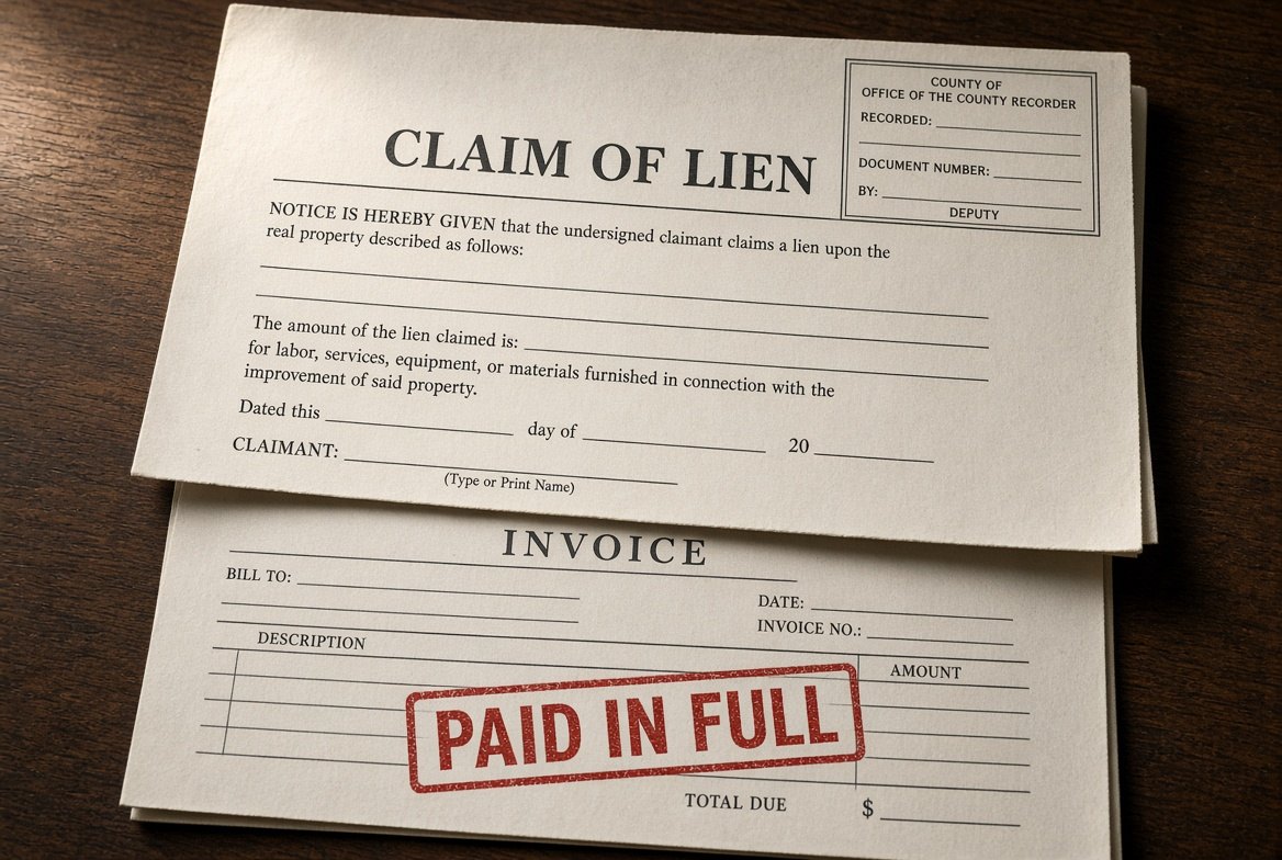 Two American documents overlapping on a dark desk: underneath, an invoice stamped Paid In Full in red; on top, a Claim of Lien form with a county recorder stamp box in the upper corner