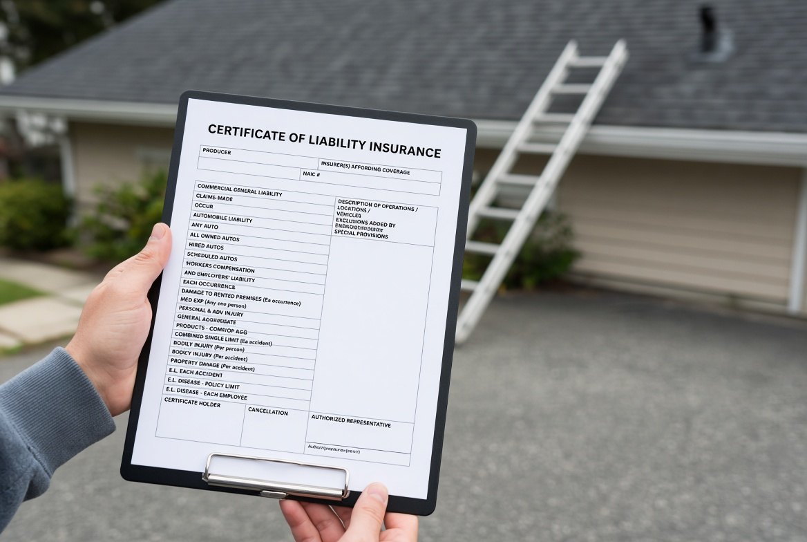 A hand holding a clipboard on a driveway with an American certificate of liability insurance clipped to it, a workers compensation and employers liability line among the coverage rows, a residential roof with a ladder against the eave out of focus behind