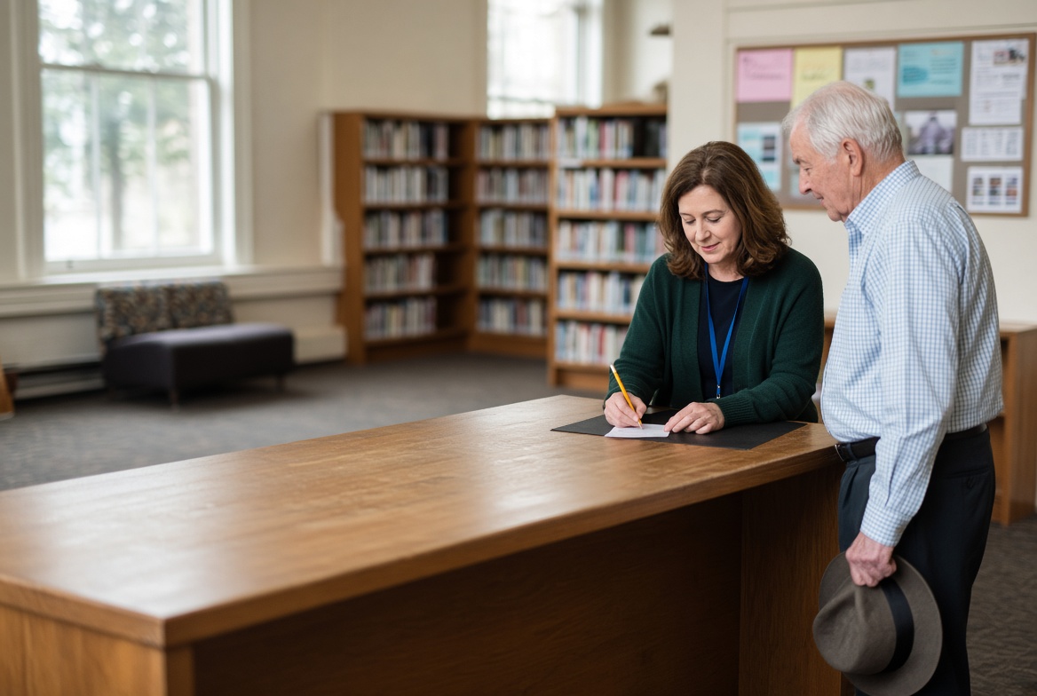 A librarian writing on a slip of paper at the desk while an older man stands holding his hat
