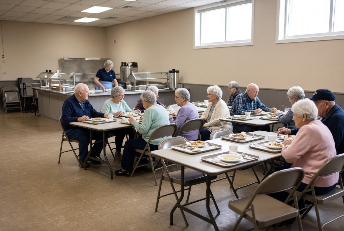Older people eating a hot lunch at folding tables in a community hall with a serving counter behind