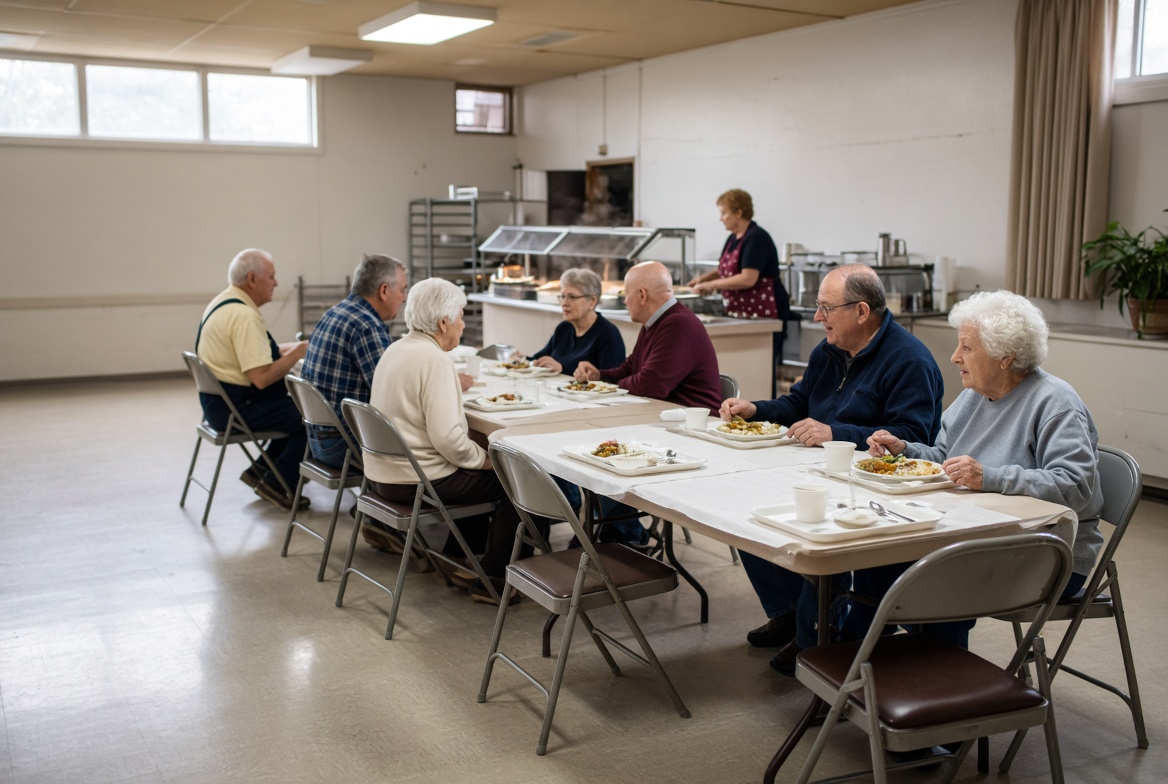 A community hall dining room with older people at long tables and a volunteer serving from a steam counter
