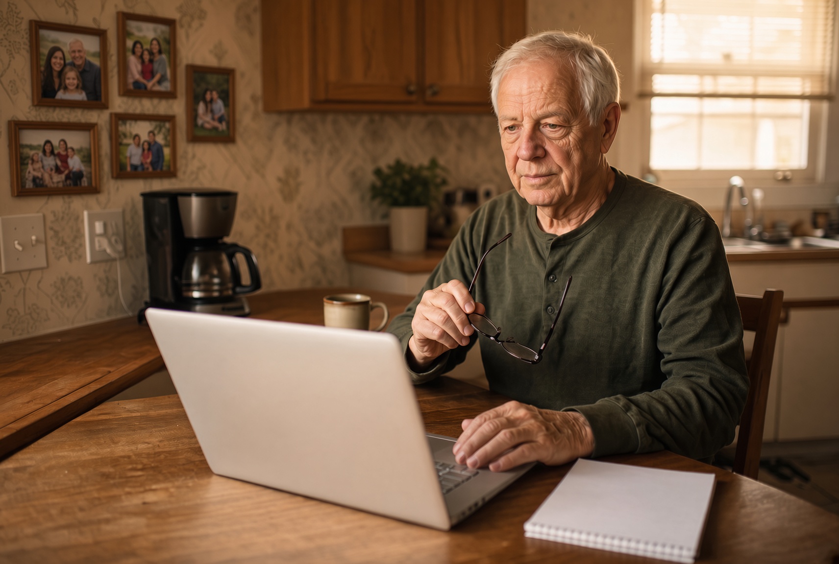 An older man at his kitchen table with a laptop open and a blank notepad beside it