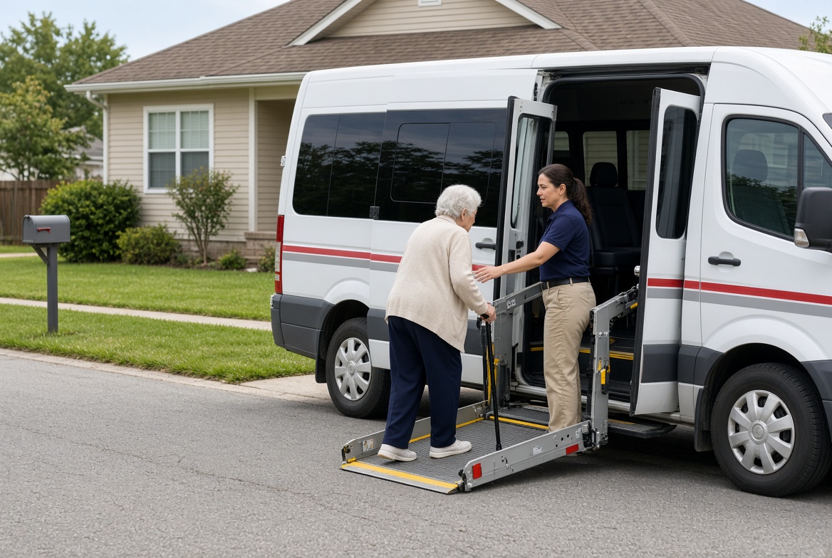 A driver steadying an older woman with a walker as she steps onto the deployed lift of a community transit van at a residential curb