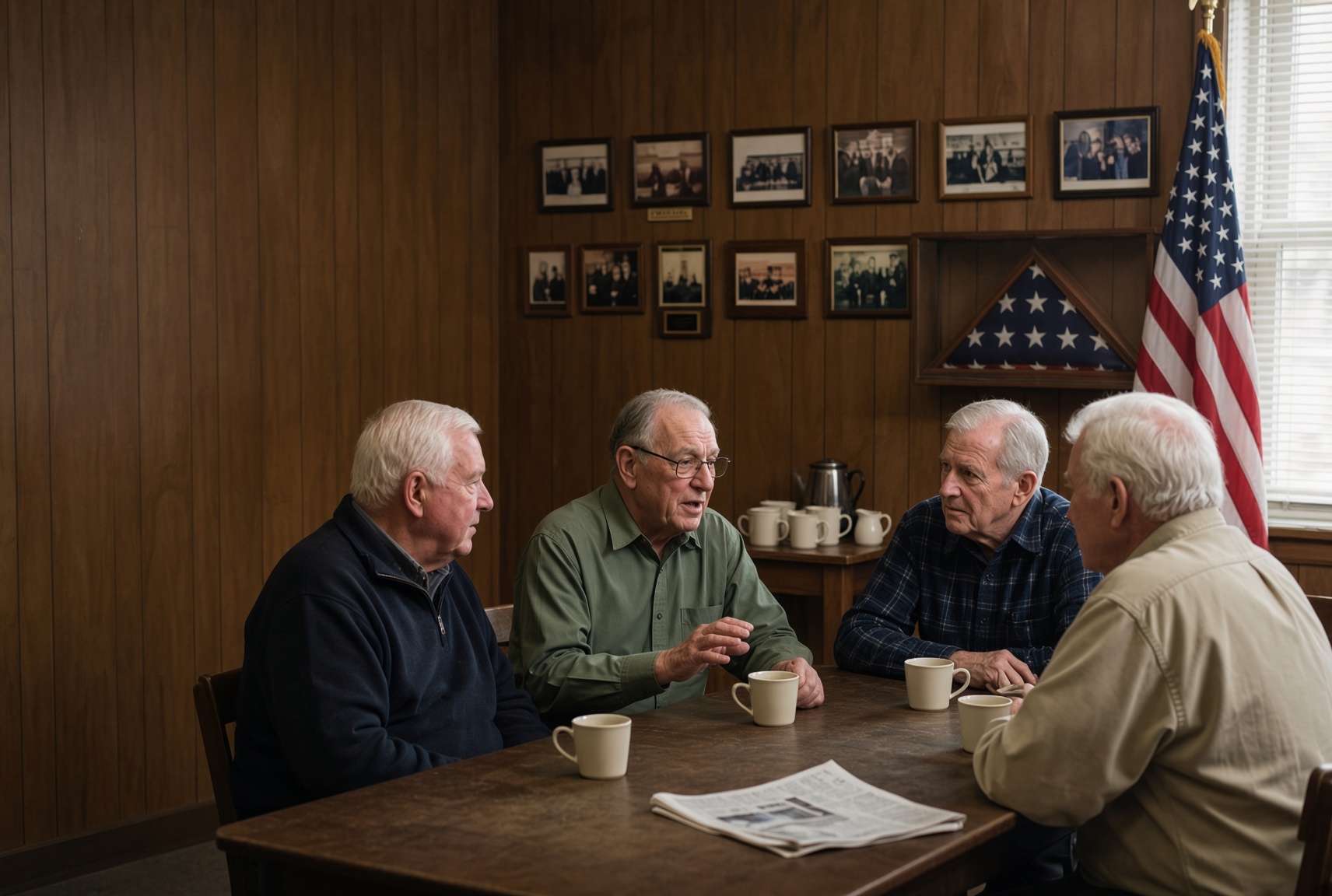 Four older men talking around a table in a veterans post hall with coffee mugs, a folded flag and framed photographs