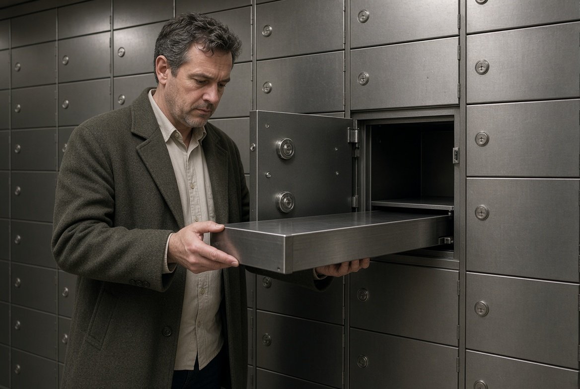 A man in an overcoat drawing a long metal safe deposit box out of its compartment in a bank vault lined with steel doors