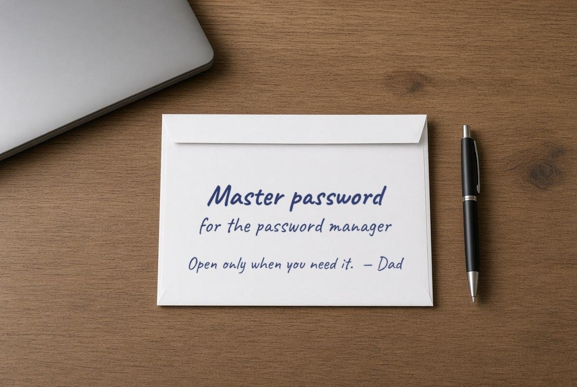 A sealed white envelope on a desk handwritten Master password for the password manager, Open only when you need it, signed Dad, beside a closed laptop and a pen
