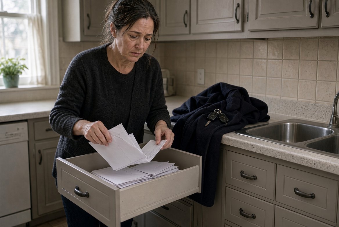 A tired woman in her forties going through a kitchen drawer full of loose papers and envelopes, with a coat and car keys dropped on the counter behind her
