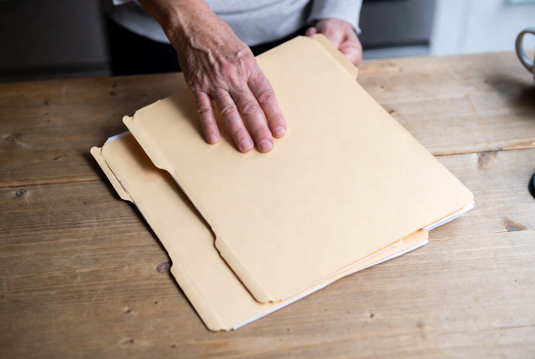 Two identical plain manila folders on a kitchen table, an older personβs hand resting on the top one as if about to pass it across