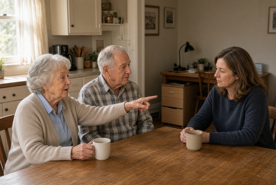 An older couple and their adult daughter at a kitchen table over coffee, the mother pointing across the room toward a desk with drawers