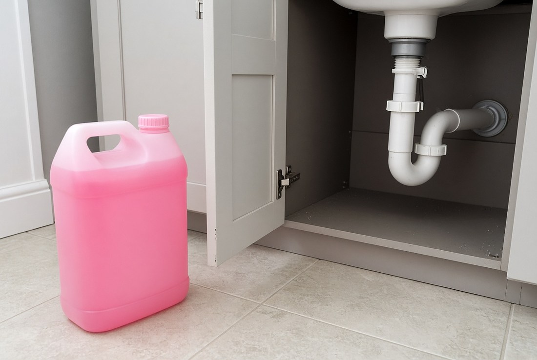 A jug of plain pink antifreeze with no label standing on a bathroom floor beside an open sink cabinet, with the white plastic drain trap under the sink clearly visible behind it