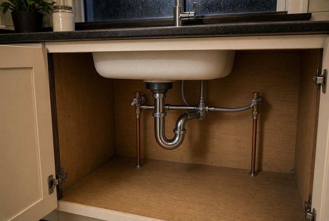 A kitchen sink cabinet with both doors open, showing the underside of a white sink, a chrome P-trap, and two brass shutoff valves on copper stubs feeding braided supply lines, with a dark rain-streaked window above