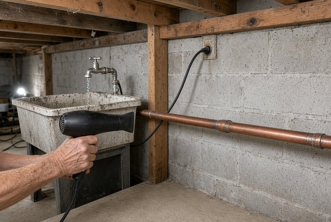 An older hand holding a hair dryer aimed at a copper water pipe running along a basement block wall, with a utility sink faucet running in the background, a dry concrete floor, and the dryer cord running up to an outlet high on the wall