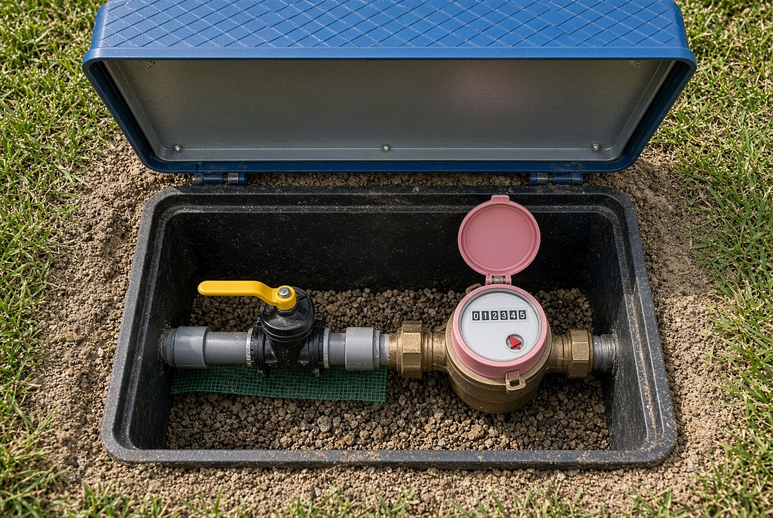 An open water meter box set into a lawn with the lid raised, showing a brass water meter with an odometer-style row of number wheels and a small red triangular leak indicator dial beside them, with a yellow-handled shutoff valve on the pipe alongside it