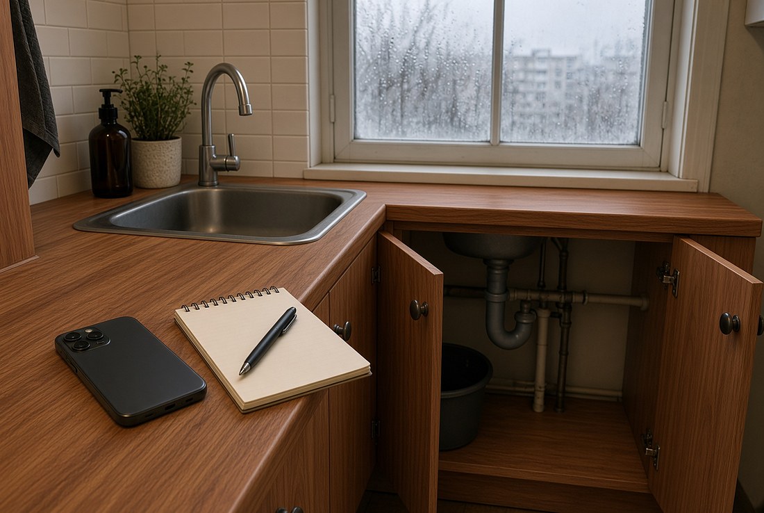 An apartment kitchen on a winter day with a phone and a blank spiral notepad and pen on the counter, the cabinet under the sink standing open with the drain trap and supply pipes visible, and a window above the sink streaked with condensation looking out on a grey day