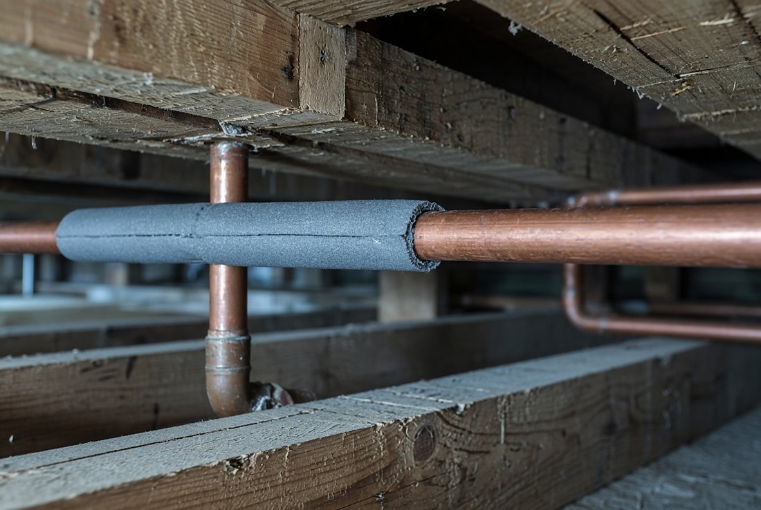Copper water pipes running between wooden floor joists under a house, with a length of grey foam insulation fitted over part of the run and bare copper continuing past the end of it