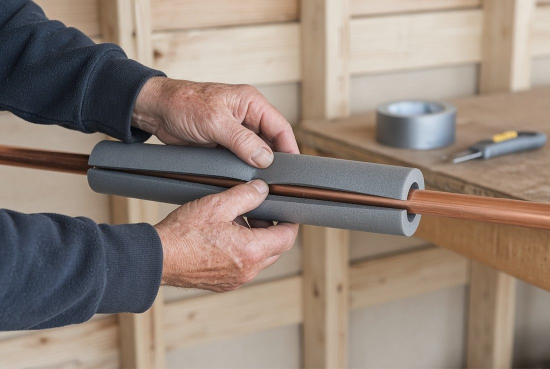 Two older hands fitting a length of grey foam pipe insulation onto a copper water pipe, the sleeve split down one side and being pressed closed over the pipe, with a roll of tape and a utility knife on the bench behind
