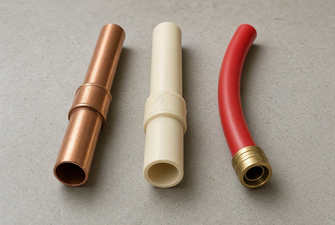 Three short lengths of household water pipe laid side by side on a grey surface: copper with a soldered coupling, cream-coloured rigid CPVC with a glued coupling, and flexible red PEX curved into a bend with a brass fitting on the end