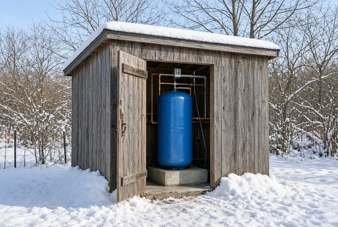 A small weathered wooden pump house standing in a snowy rural yard with its door open, showing a blue steel pressure tank on a concrete pad inside with copper and galvanised pipework and a pressure switch above it