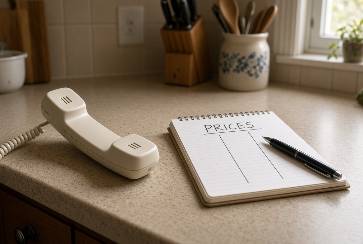 A kitchen counter in morning light with a corded telephone handset lying off its cradle beside a spiral notepad ruled into three empty hand-drawn columns under the heading Prices, a pen resting on the page