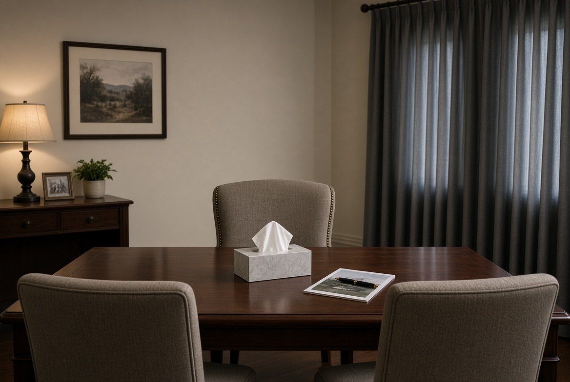 An arrangement room in an American funeral home: a polished wooden table with a box of tissues at the centre and a brochure and pen beside it, upholstered chairs on three sides, a lamp lit on a sideboard, no people in the room